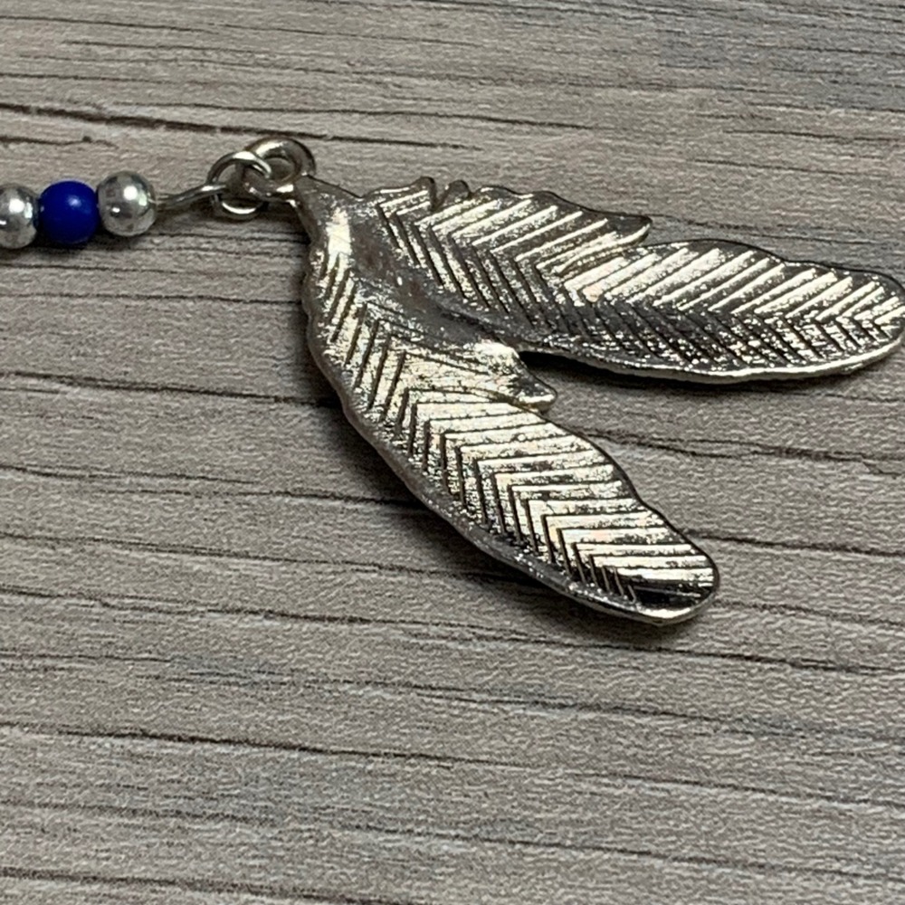 Silver Tone Double Feather Pendant Necklace Blue Bead Accent 18 Inch Chain